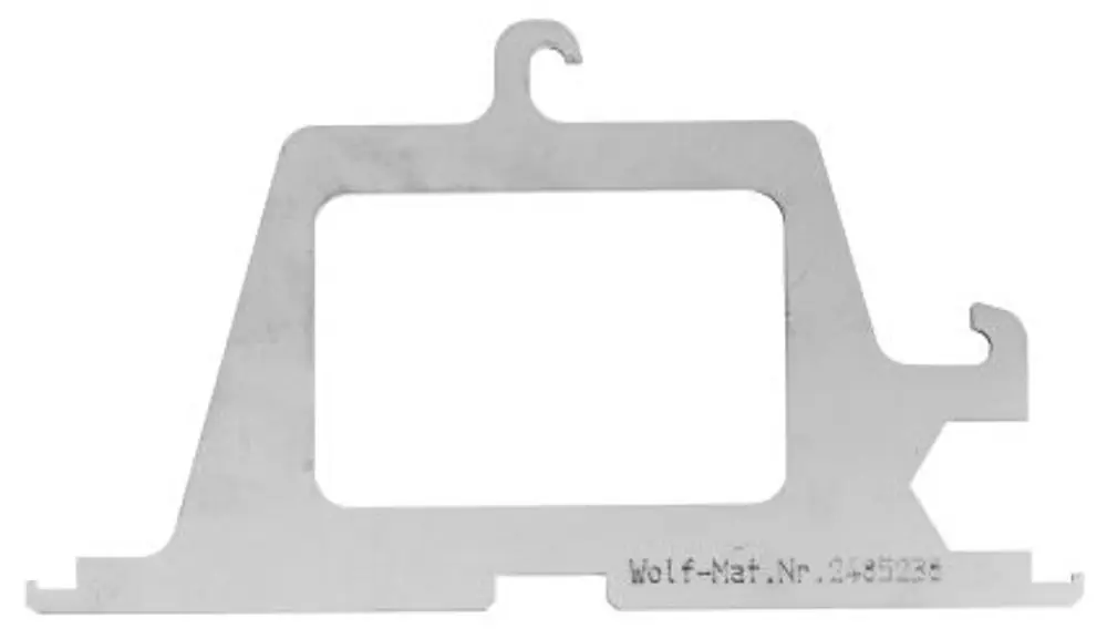 Ausziehwerkzeug aus Metall mit spezifischer Form von Wolf, geeignet zur Anwendung bei Verdrängern, unbeschriftet, mit offenen Ausschnitten und Haken.